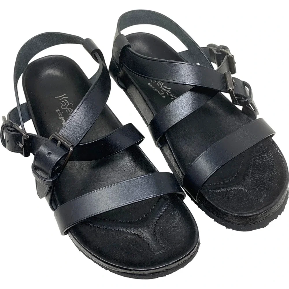 Yves St Laurent Rive Gauche Black Leather Multi Strap Sandals Sz 42 Italy YSL